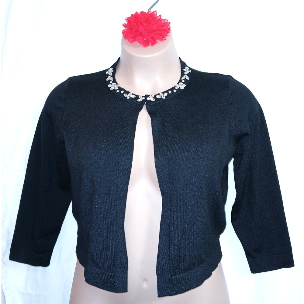 Nina Leonard Faux Diamond Neckline Women Knit Shrug Cardigan Large Black Bling